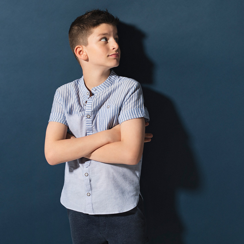 Junior - Chemise manches courtes à rayures placées et poche 