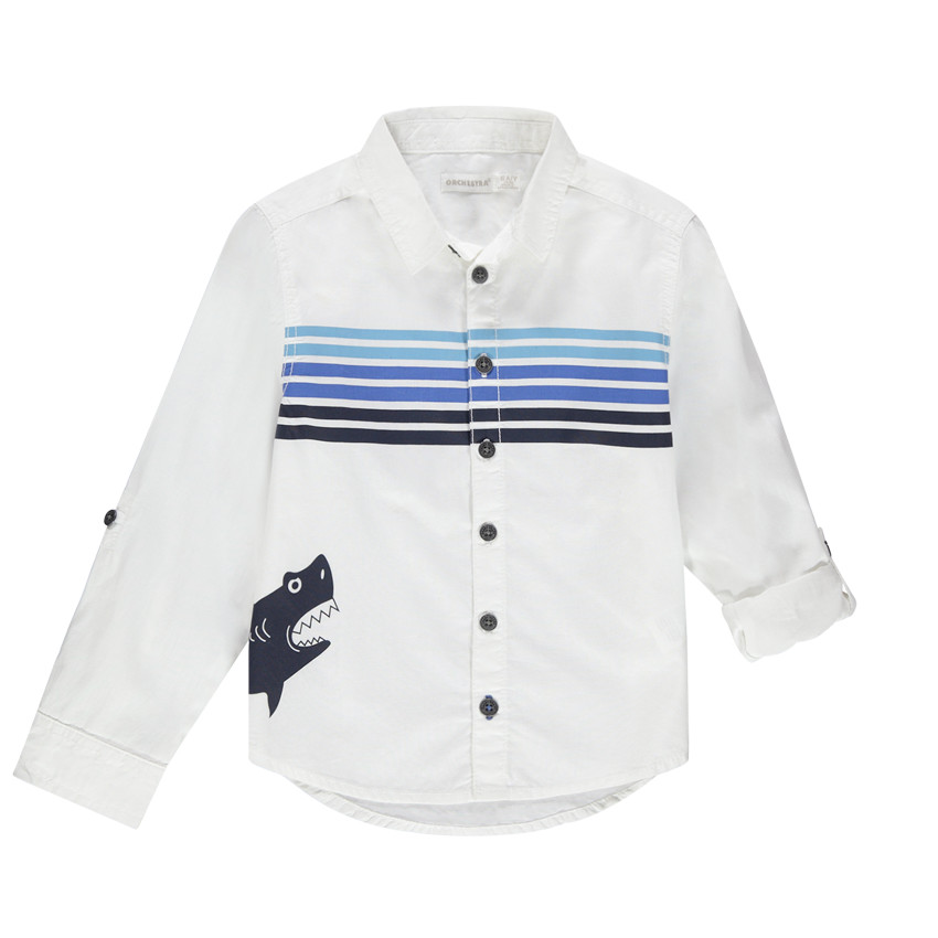 Chemise manches longues en coton à rayures et requin printé 