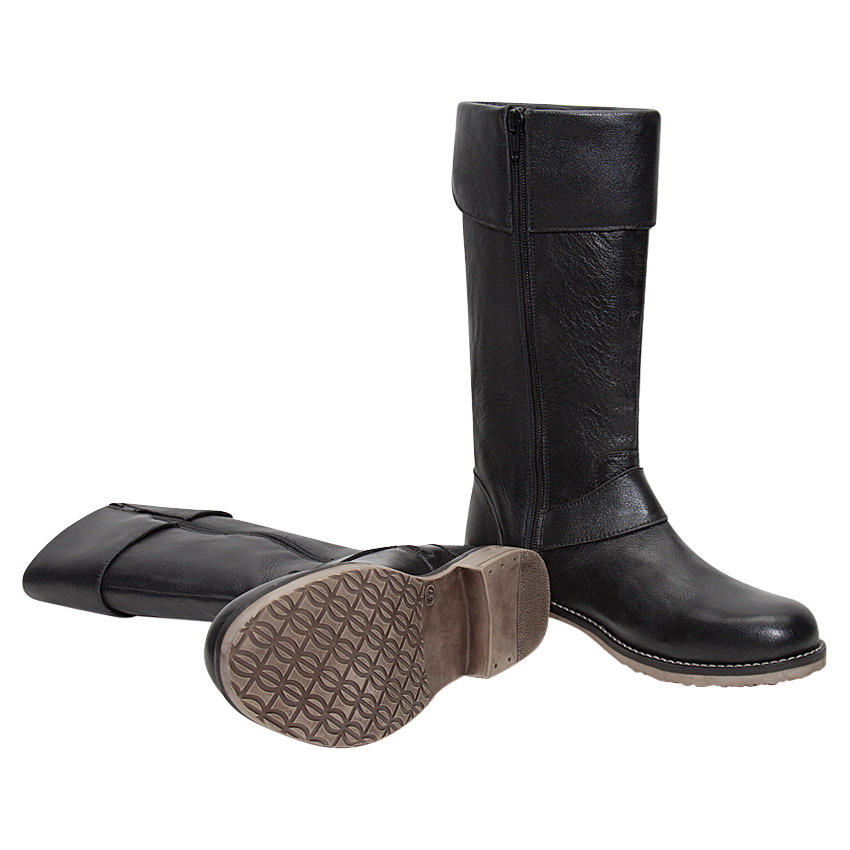 Bottes noires en cuir avec boucle fantaisie et revers 