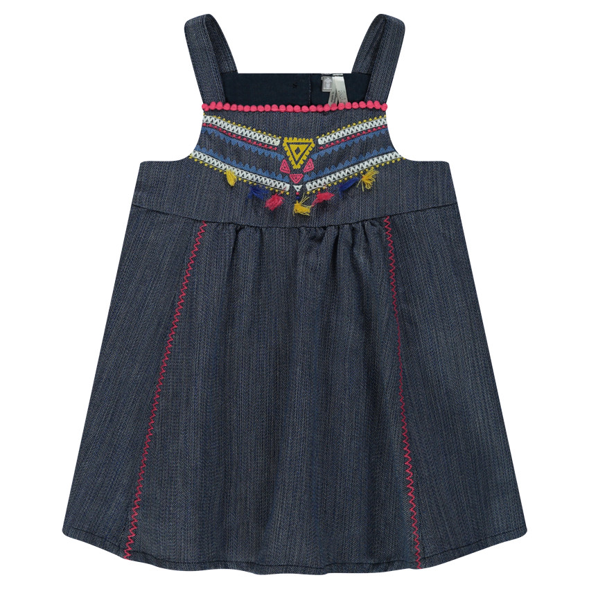 Robe en coton fantaisie avec broderies et pompons colorés 