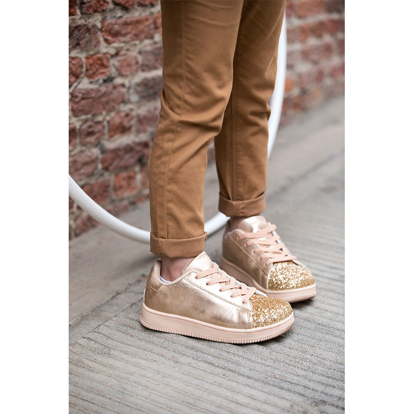 Baskets basses à lacets et paillettes - rose poudré - du 28 au 38 