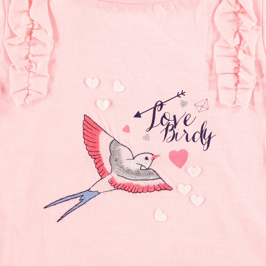Tee-shirt manches longues en jersey avec oiseau brodé et ruchés 
