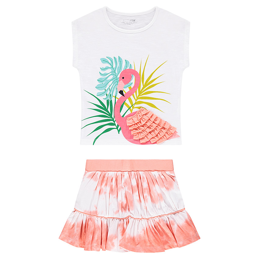 Ensemble avec tee-shirt print flamant rose et jupe effet shibori 