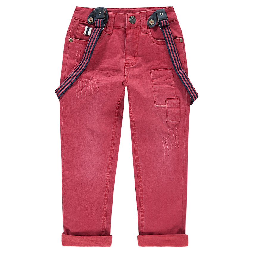 Pantalon en coton surteint effet crinkle avec bretelles rayées amovibles 