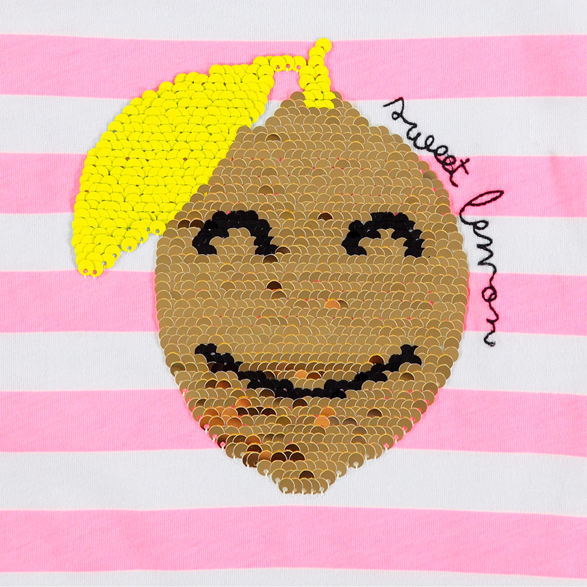 Tee-shirt manches courtes en jersey à rayures et citron en sequins magiques 