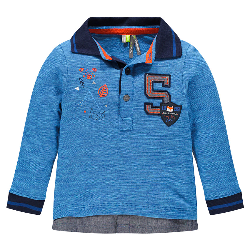 Polo manches longues bi-matière avec effet de superposition et patch fantaisie 