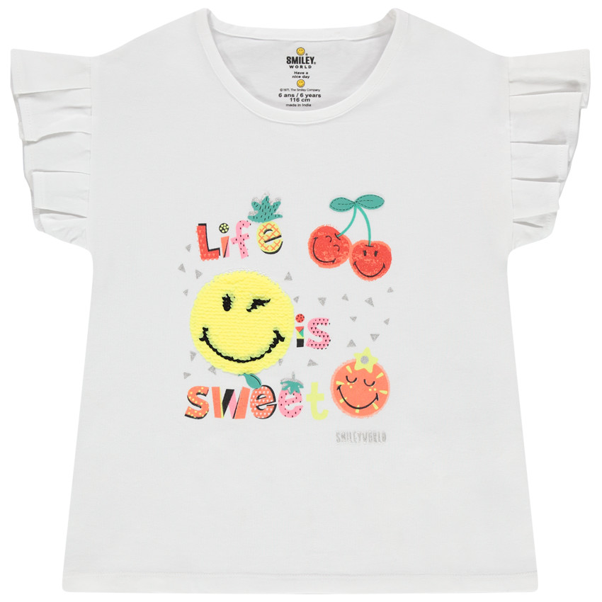 T-shirt manches courtes volantées motif Smiley en sequins 