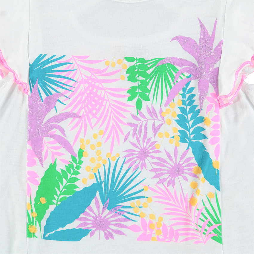 Tee-shirt manches courtes volantées avec imprimé floral pailleté 