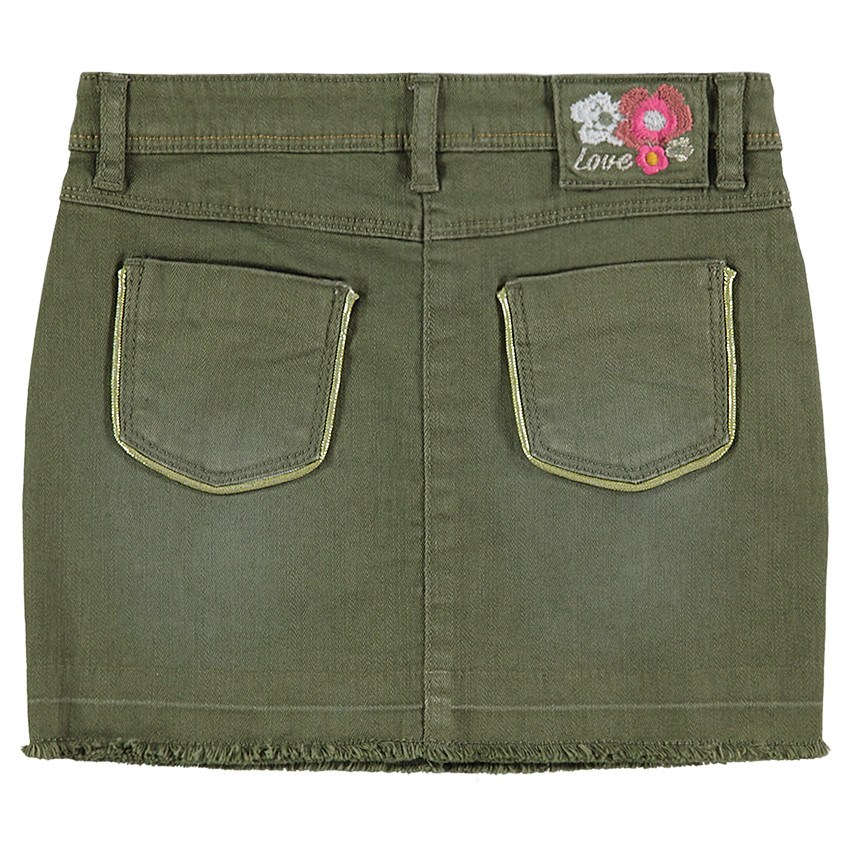 Jupe en twill effet used avec fleurs brodées et passepoils dorés 