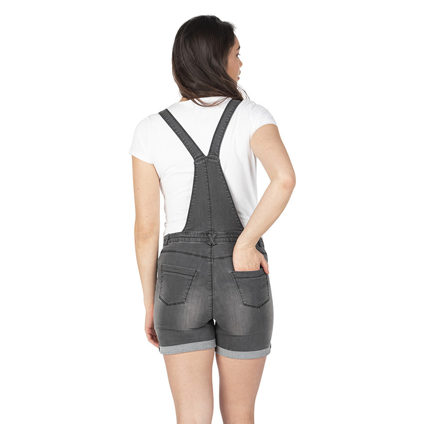 Salopette courte de grossesse en jeans effet used avec élastiques côtés 