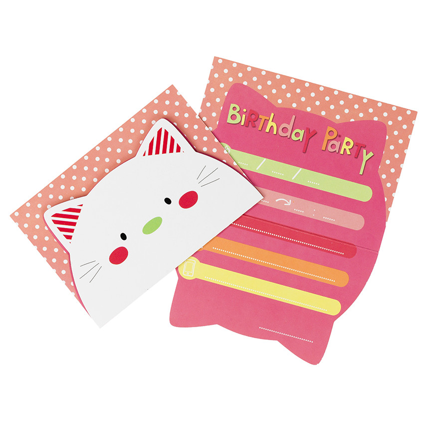 Lot de 10 cartons d'invitations anniversaire motif chat 