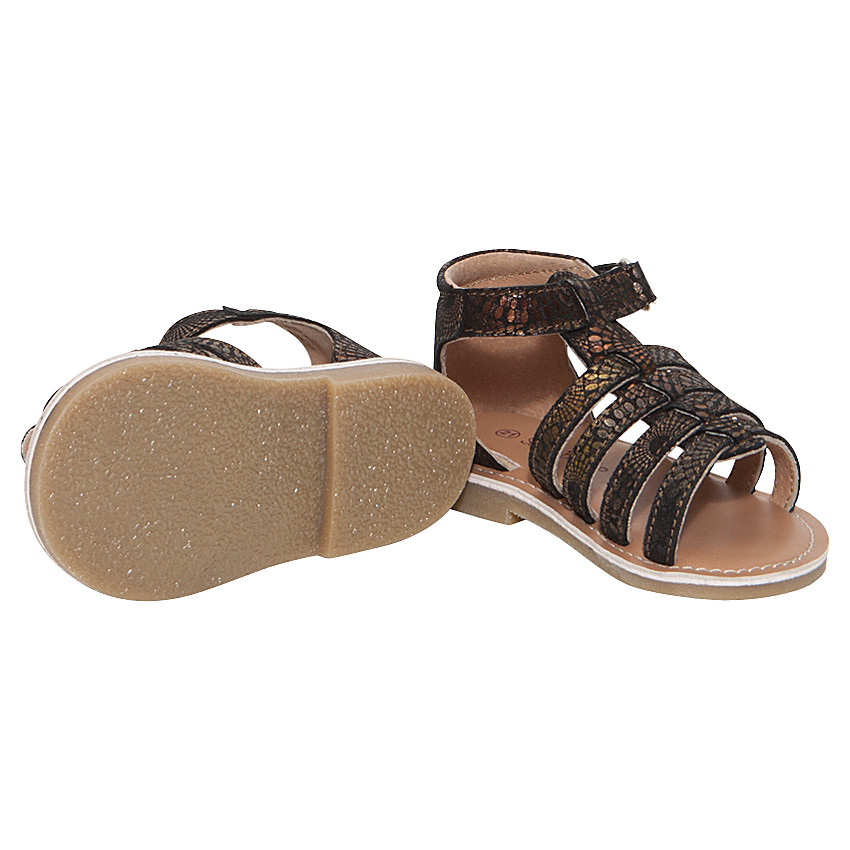 Nu-pieds noirs en cuir et imprimé fantaisie doré 