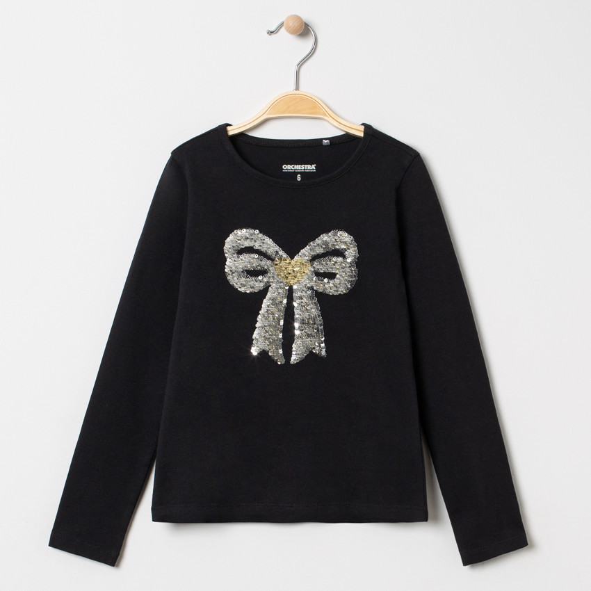 T-shirt manches longues à noeud en sequins argentés 