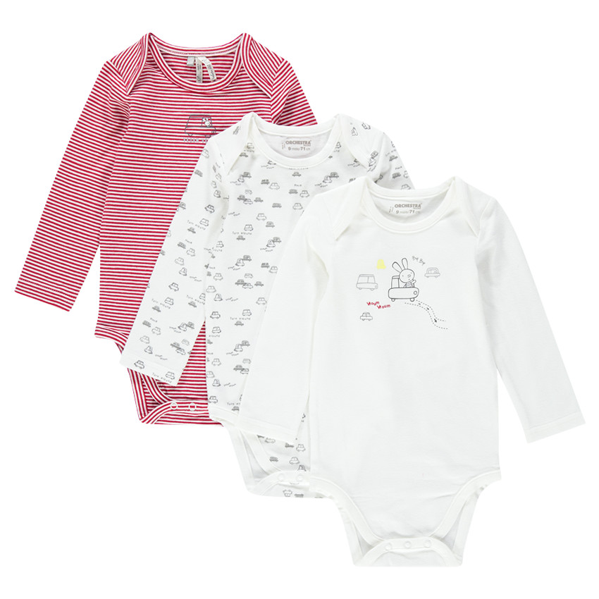 Lot de 3 bodies manches longues en jersey rayé/uni/imprimé 