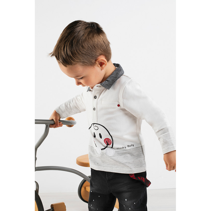 Polo manches longues avec col chambray et print Smiley 