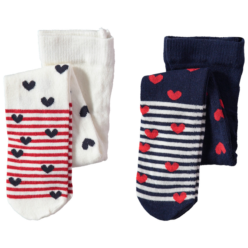 Lot de 2 collants épais avec rayures et coeurs en jacquard 