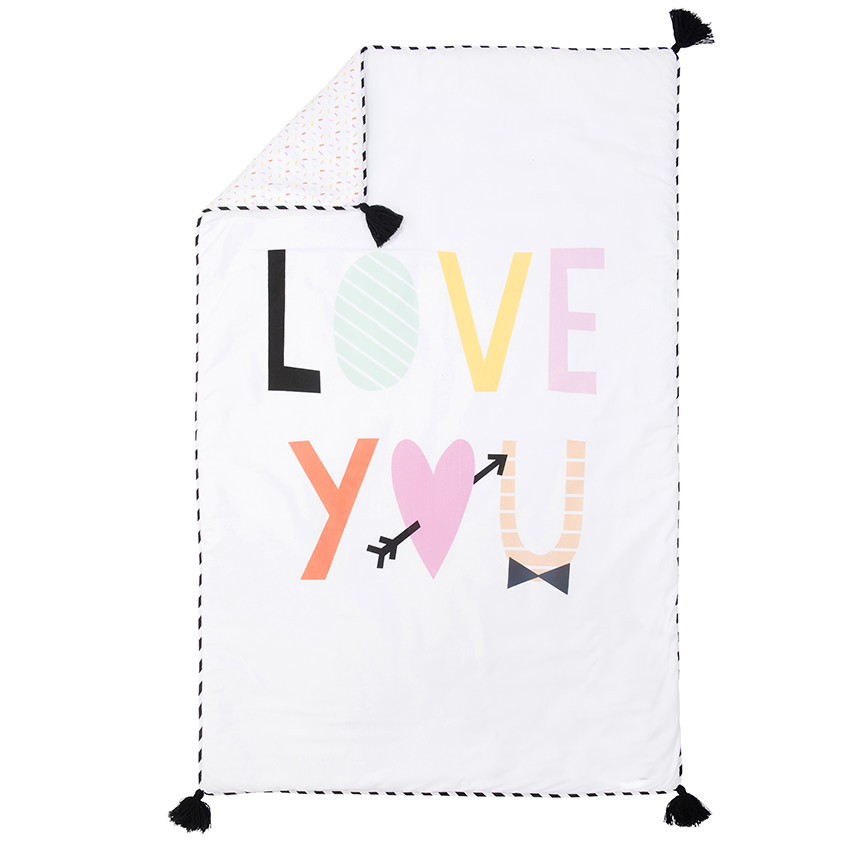 Edredon en popeline avec message printé et pompons 