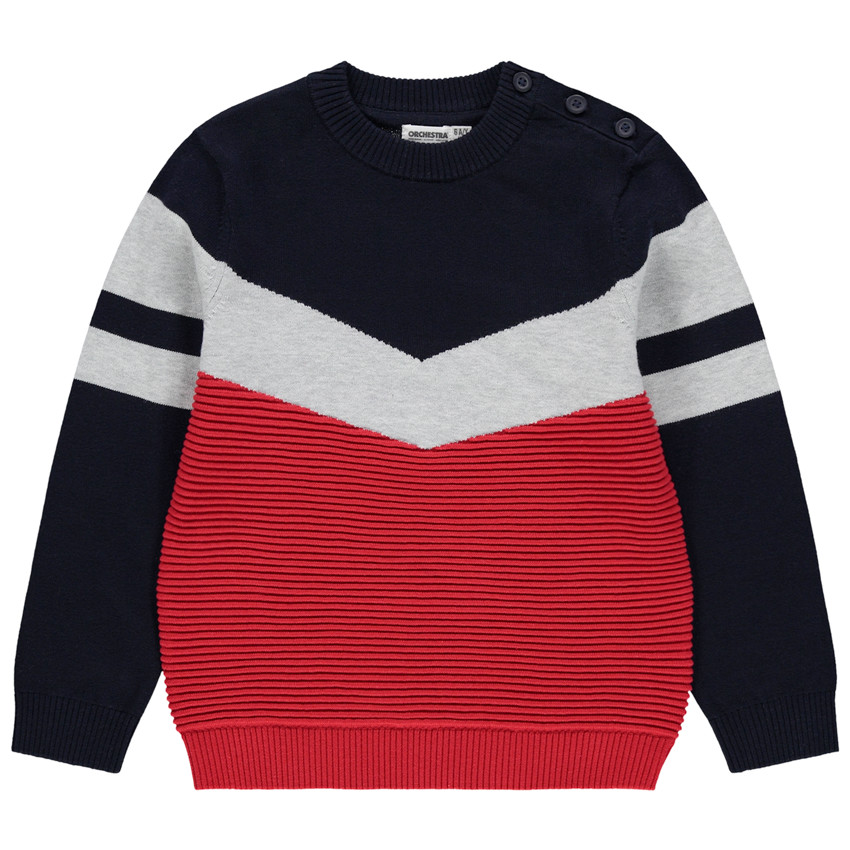 Pull en tricot à bandes et jeux de mailles 