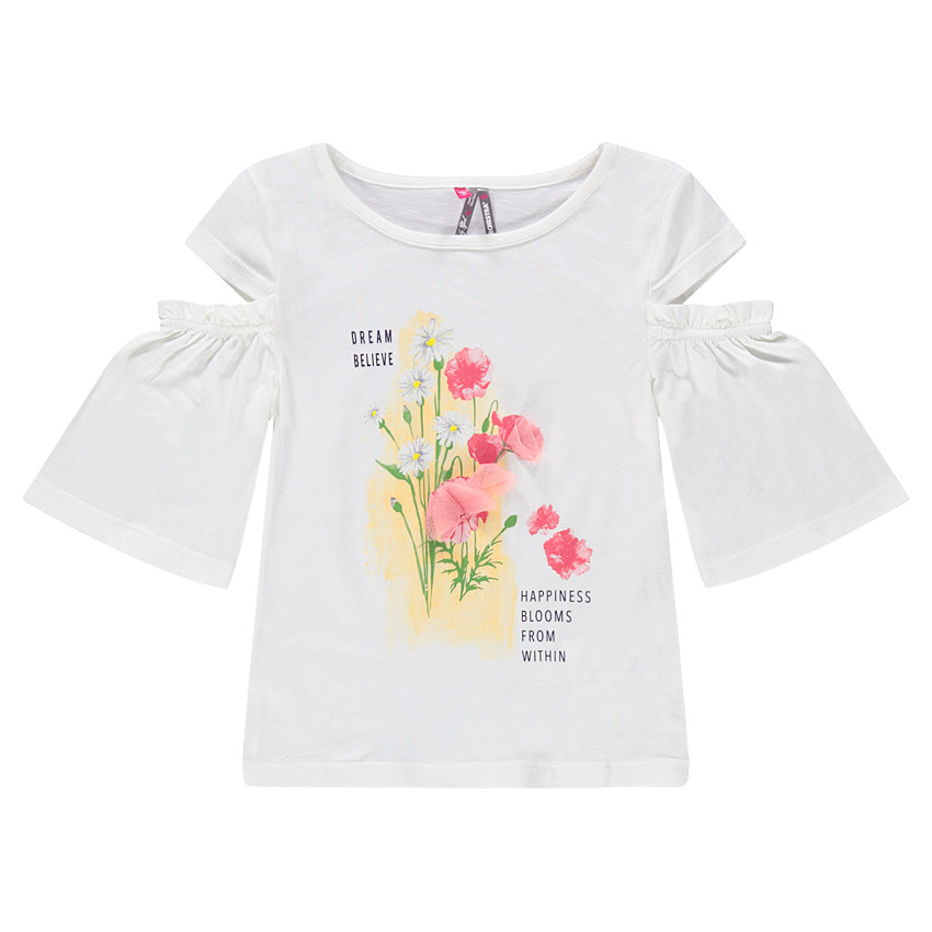 Tee-shirt manches courtes à épaules ajourées et fleurs printées 