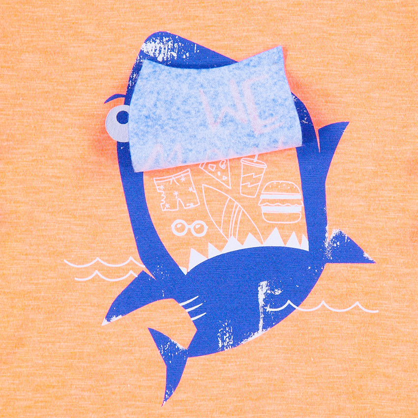 Tee-shirt manches courtes en jersey chiné avec requin printé et empiècement mobile 