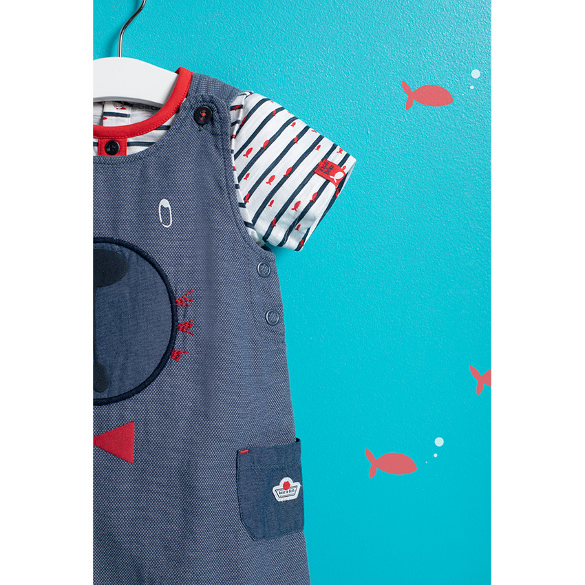 Combinaison courte avec ourson brodé et poches en chambray 