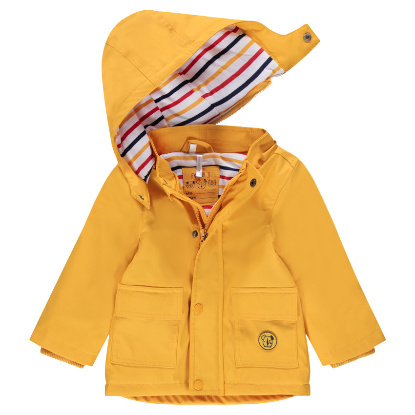 Parka en gomme jaune avec doublure rayée 