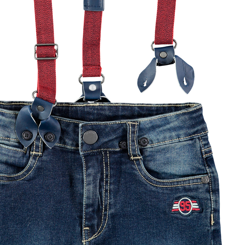 Jeans effet used avec bretelles élastiquées amovibles 