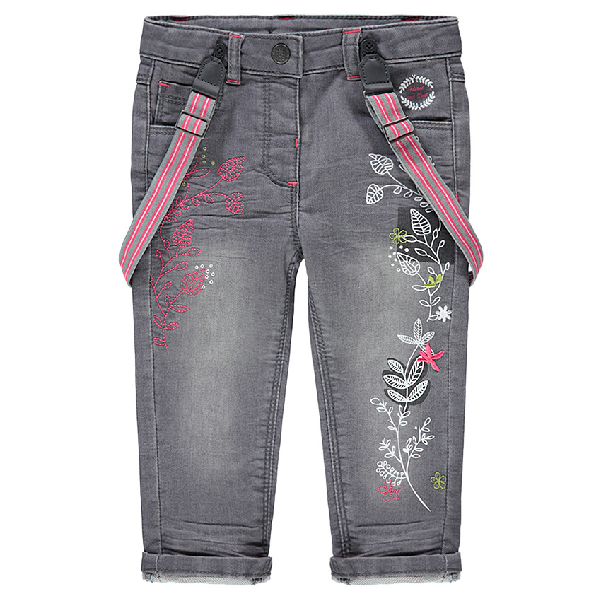 Jeans effet used et crinkle avec bretelles amovibles et motifs floraux 