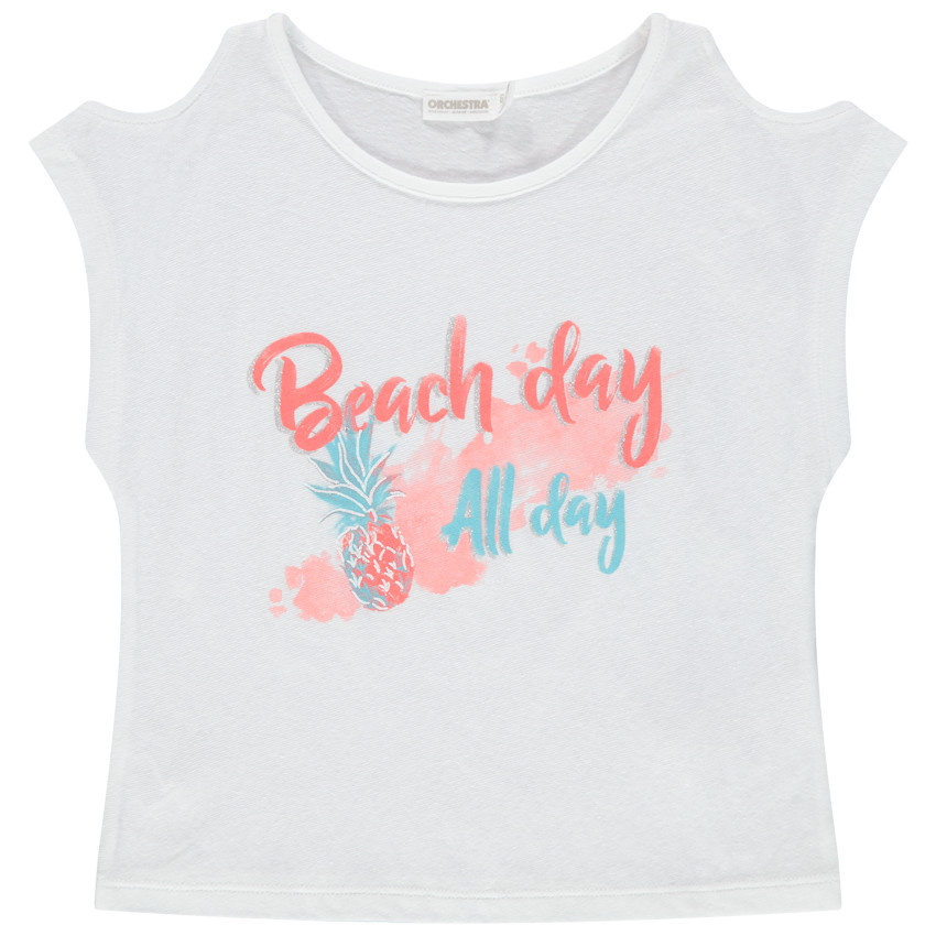 T-shirt manches courtes à épaules ajourées et message printé 