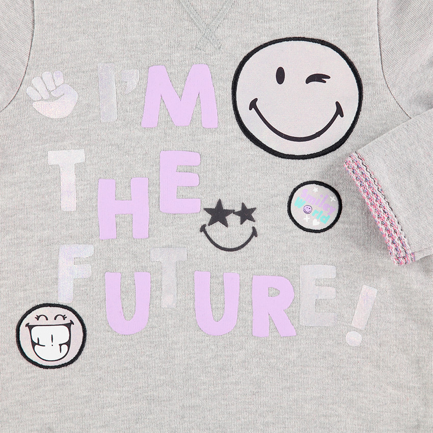 Sweat en molleton gris chiné avec message et prints Smiley 