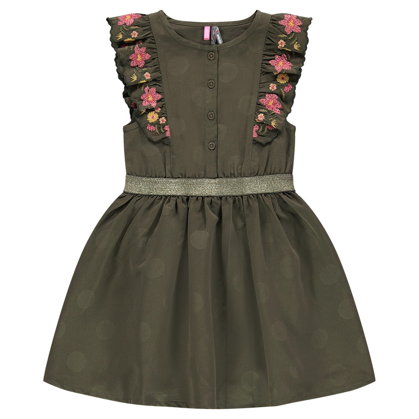 Robe en satin peau de pêche à manches volantées avec fleurs brodées. 