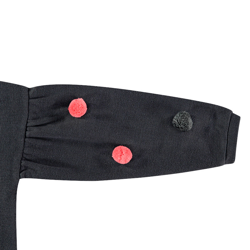 Sweat en molleton forme boîte avec pompons et fleurs brodées 