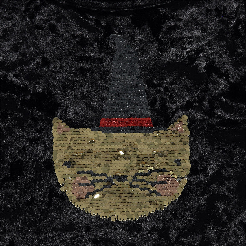 Robe bi-matière spéciale Halloween print chat en sequins magiques 