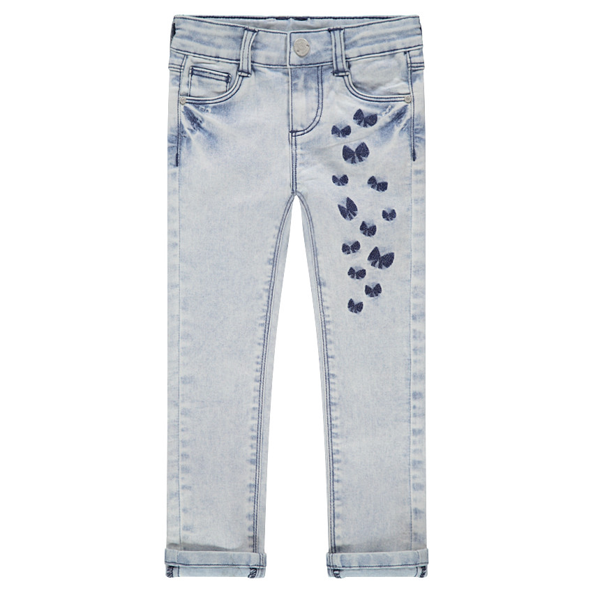 Jeans effet used et crinkle avec noeuds brodés 