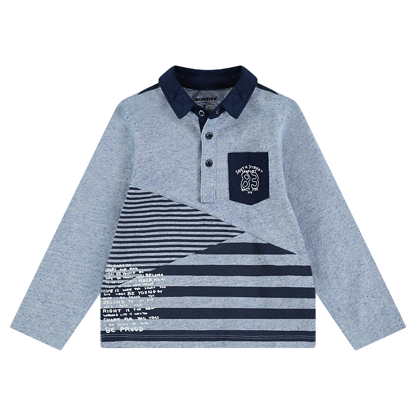 Polo manches longues en jersey slub avec poche et texte printé 