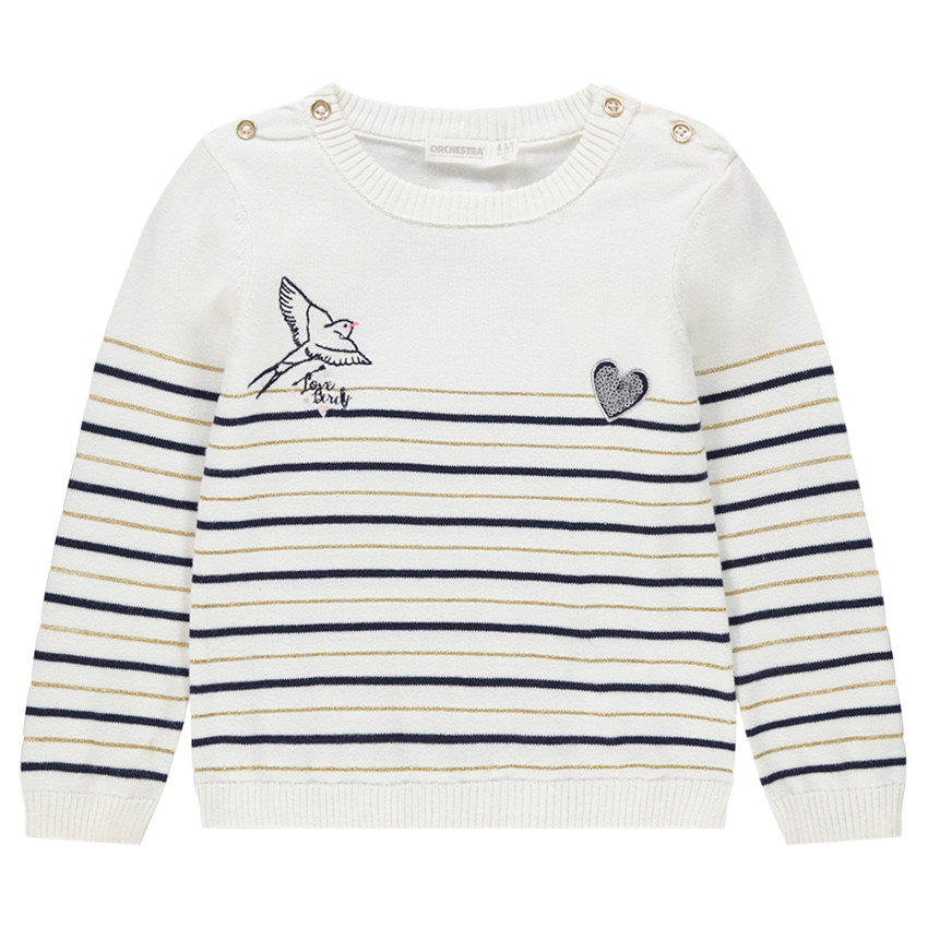 Pull en tricot avec rayures contrastées et coeur en sequins 