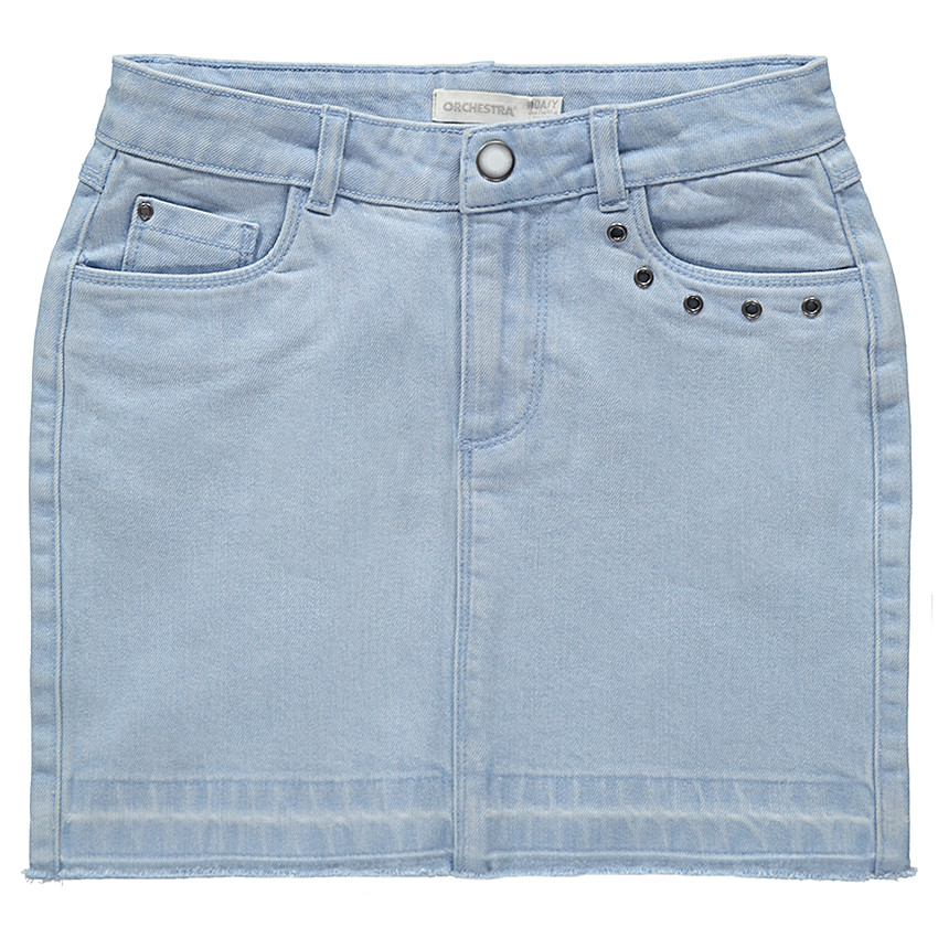 Junior - Jupe en jeans effet used à oeillets fantaisie en métal 
