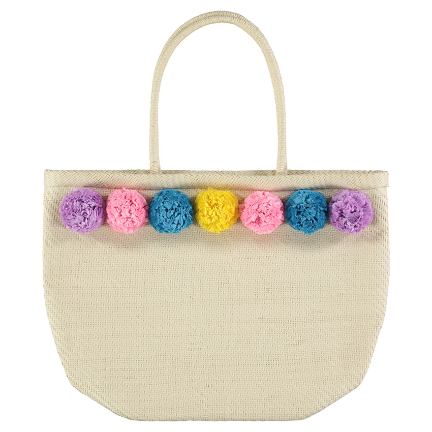 Sac à main en paille avec pompons colorés 