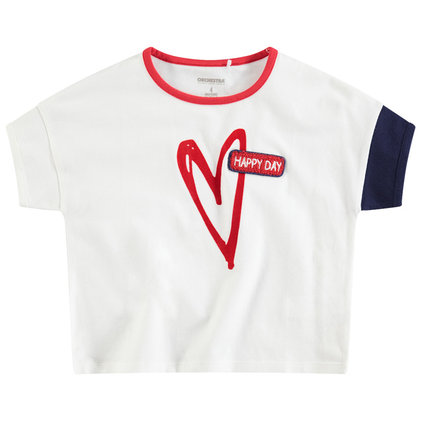 Tee-shirt manches courtes en jersey avec coeur printé et badge en bouclette 