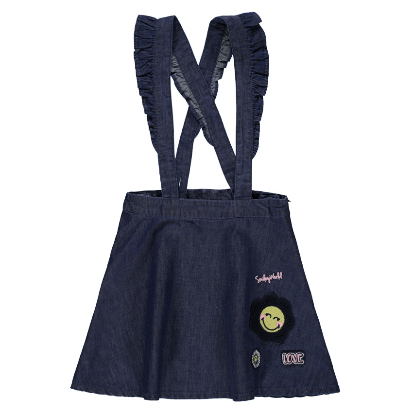 Robe-salopette en chambray avec bretelles volantées et Smiley brodé 