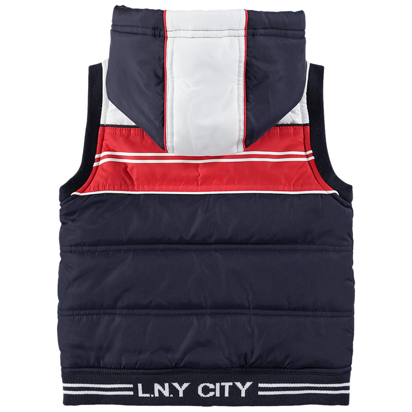 Doudoune sans manches matelassée à capuche avec inscriptions 