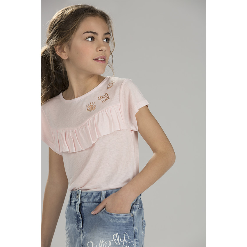 Junior - Tee-shirt manches courtes avec volant et broderies 