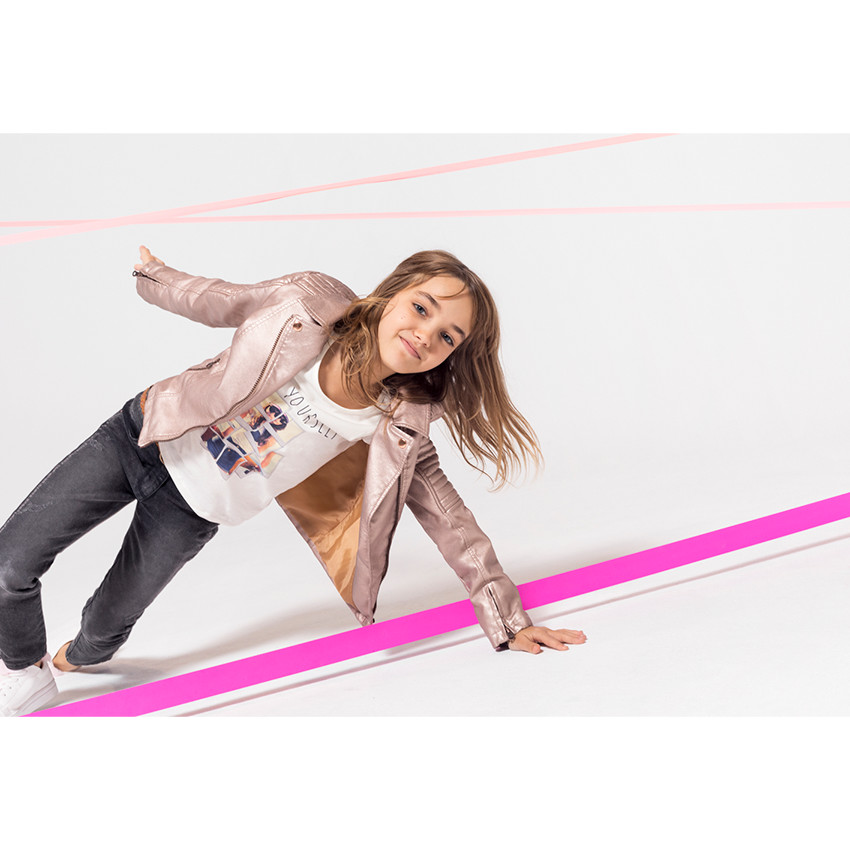 Junior - Jeans effet used avec inscriptions printées et zips 