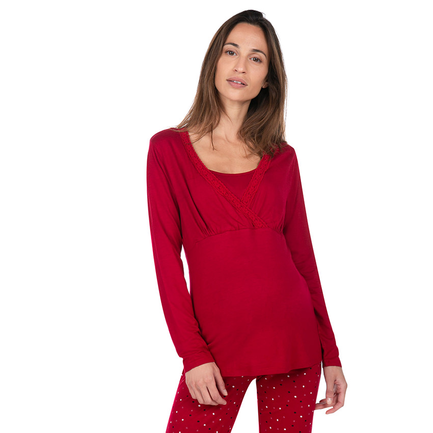 Tee-shirt homewear de grossesse et d'allaitement avec dentelle 
