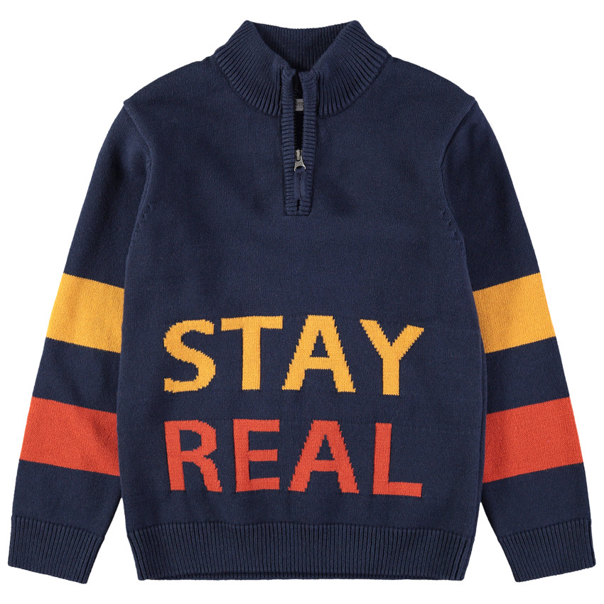 Junior - Pull en tricot avec inscriptions en jacquard et col zippé 