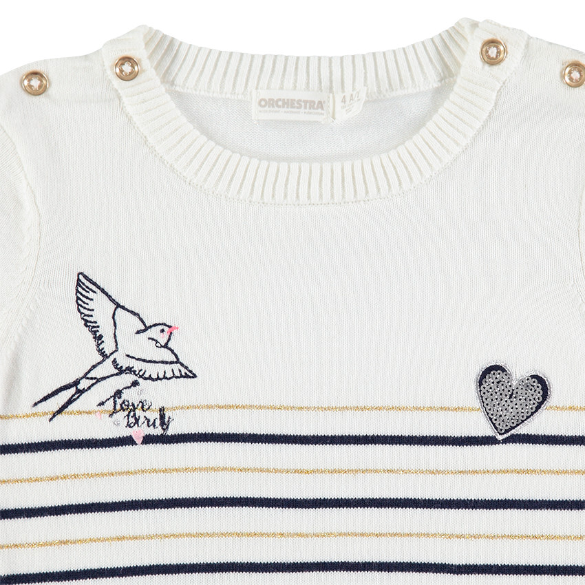 Pull en tricot avec rayures contrastées et coeur en sequins 