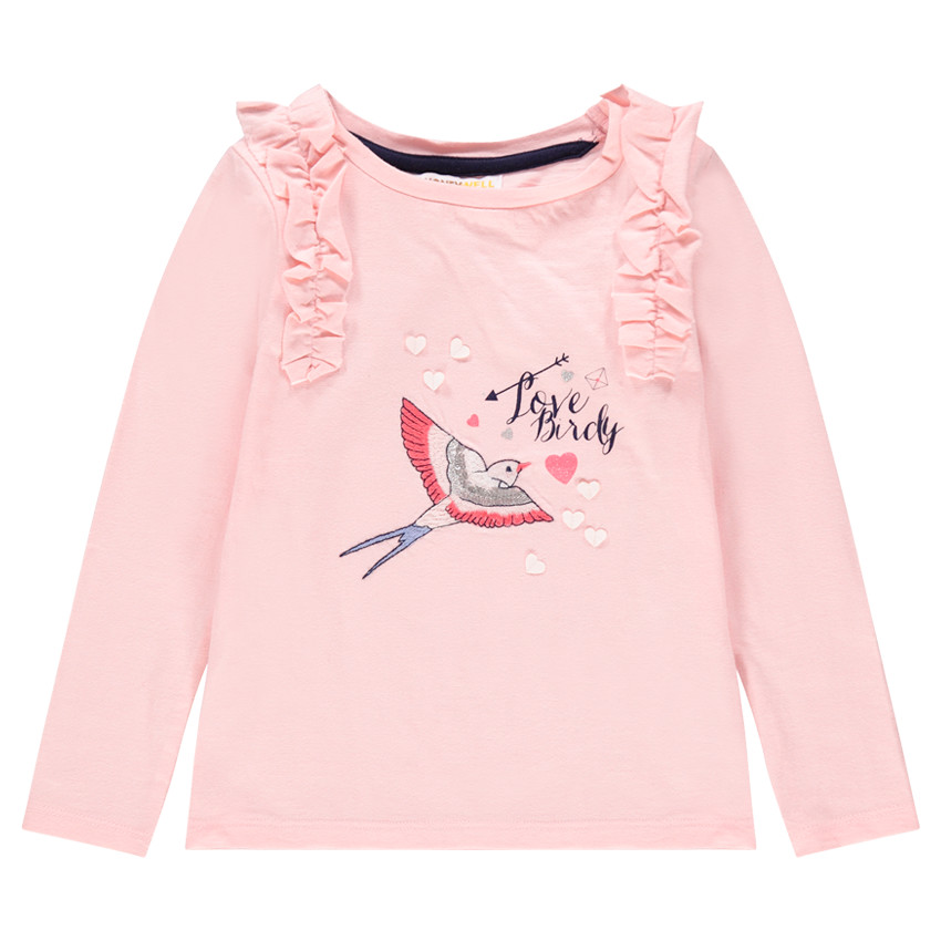 Tee-shirt manches longues en jersey avec oiseau brodé et ruchés 
