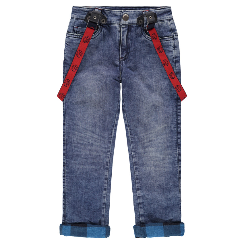 Jeans effet used doublé flanelle à carreaux avec bretelles amovibles 