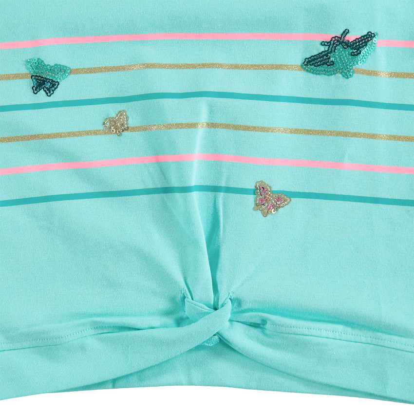 Tee-shirt manches courtes volantées avec rayures et papillons en sequins 