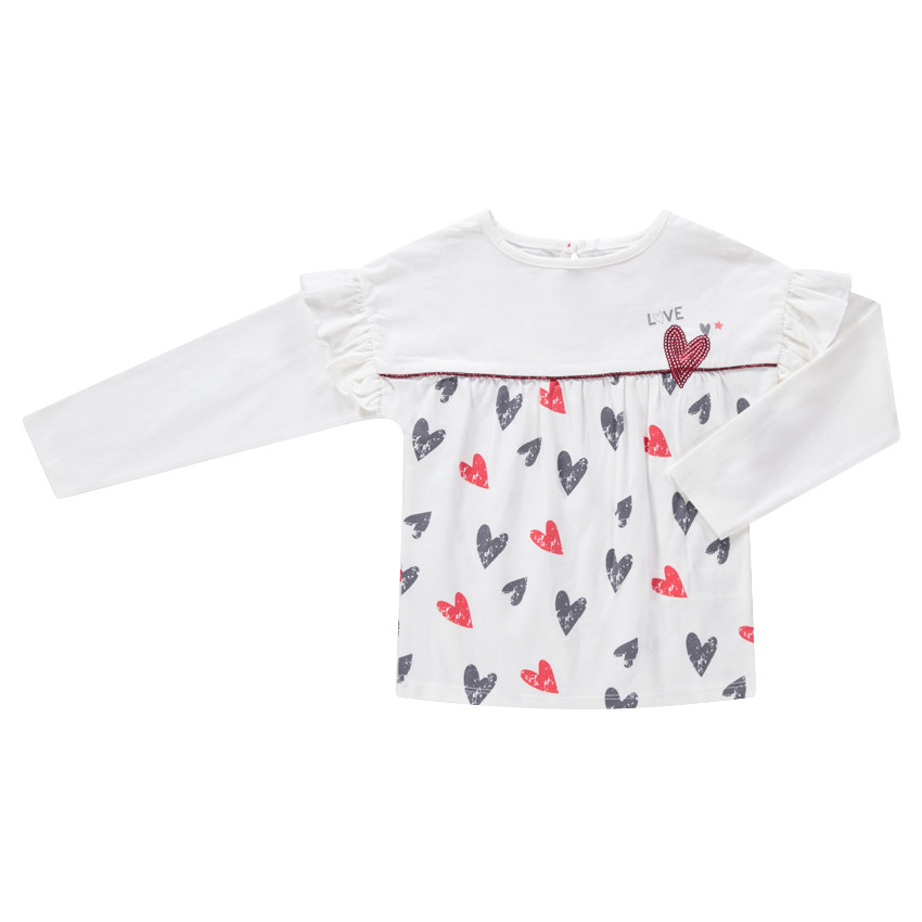 Tee-shirt manches longues volantées avec coeurs printés 
